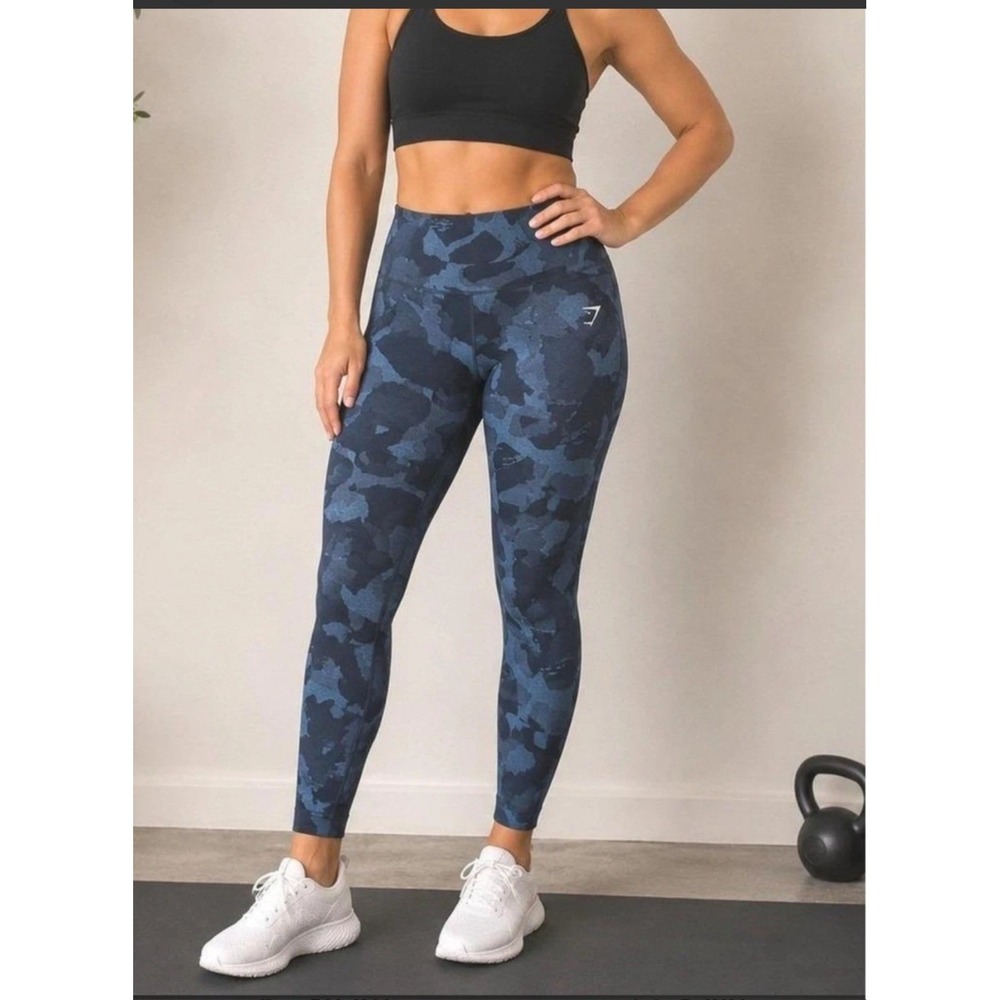 Crane Leggings Womens L Blue Camo High Waisted Activewear Pocket Sporty Workout